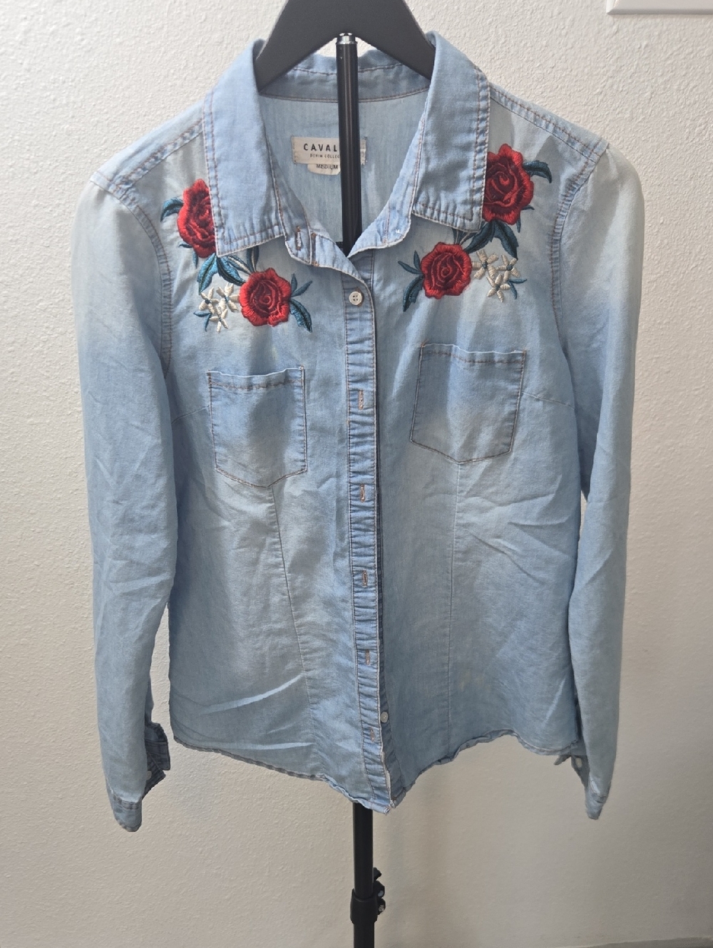 Cavalini Light Blue Denim Shirt with Red Rose Accent
